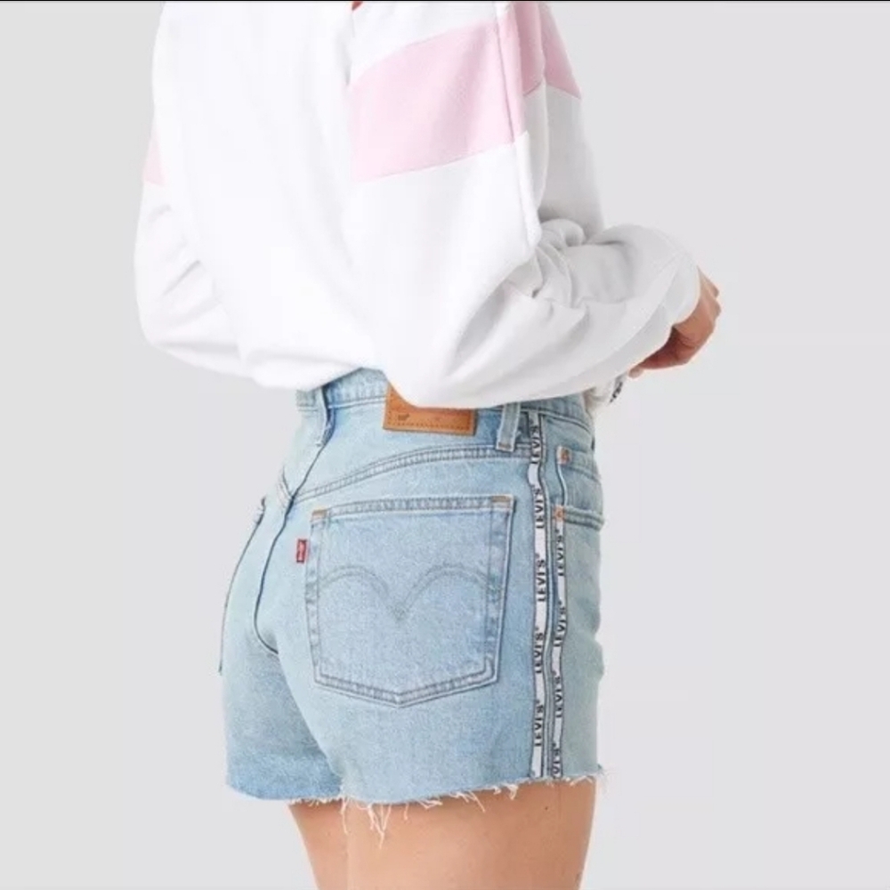 Levi's 501 Original High Rise Logo Stripe Tape Denim Shorts Raw Hem